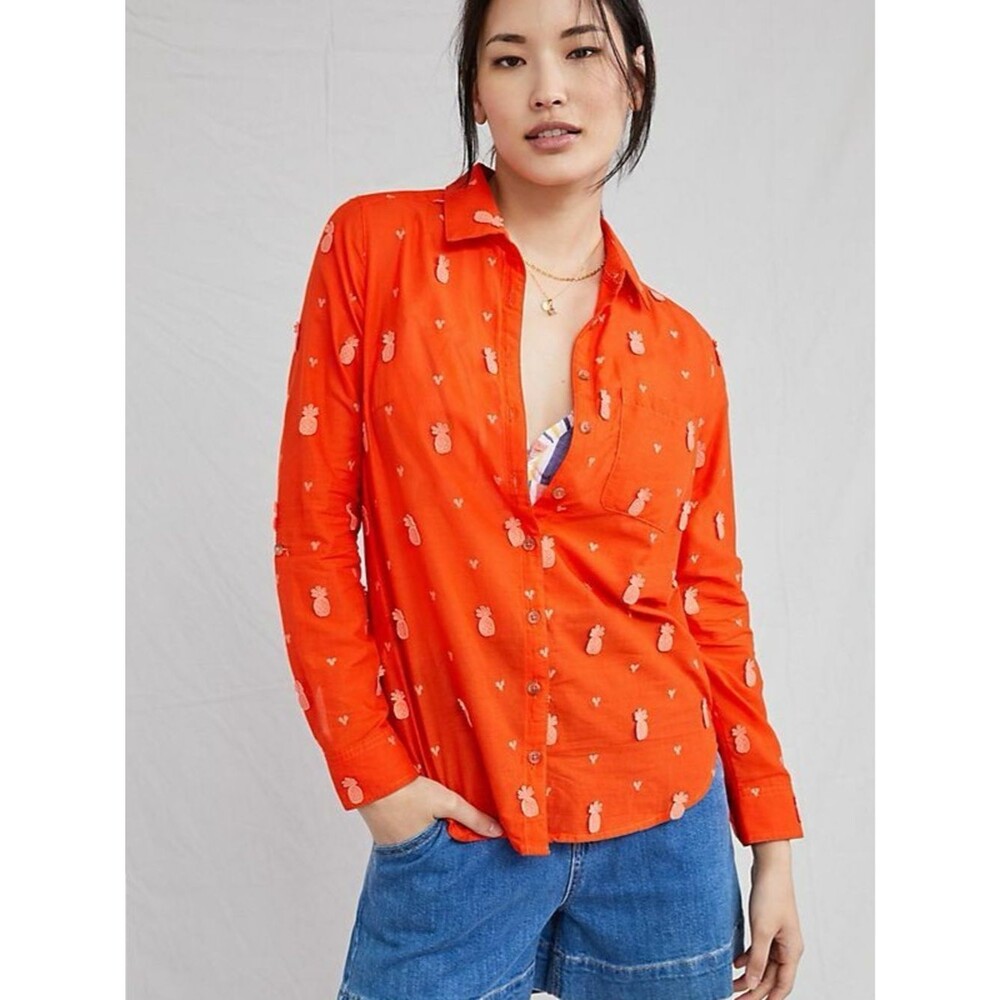 Maeve by Anthropologie Pineapple Embroidered Shirt | Orange | 4